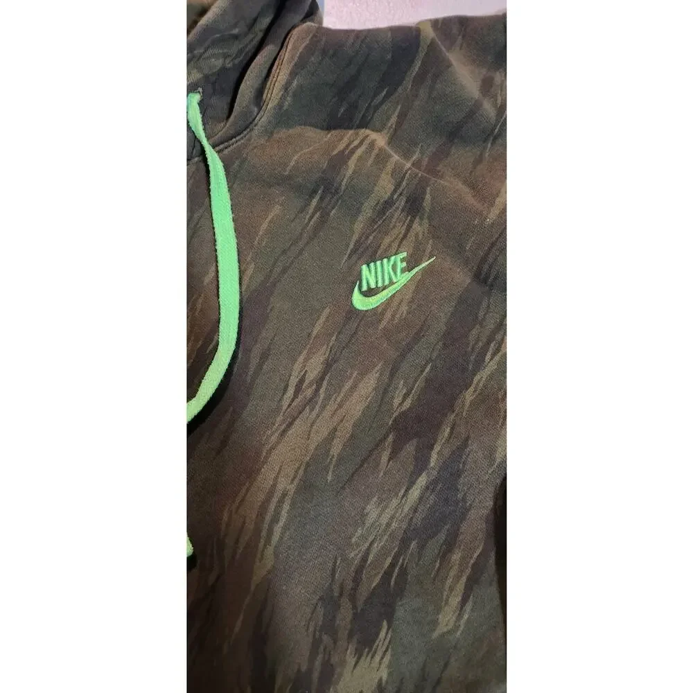 Nike Camouflage Long Sleeve Hooded Sweatshirt Neon Green Logo Pullover Medium